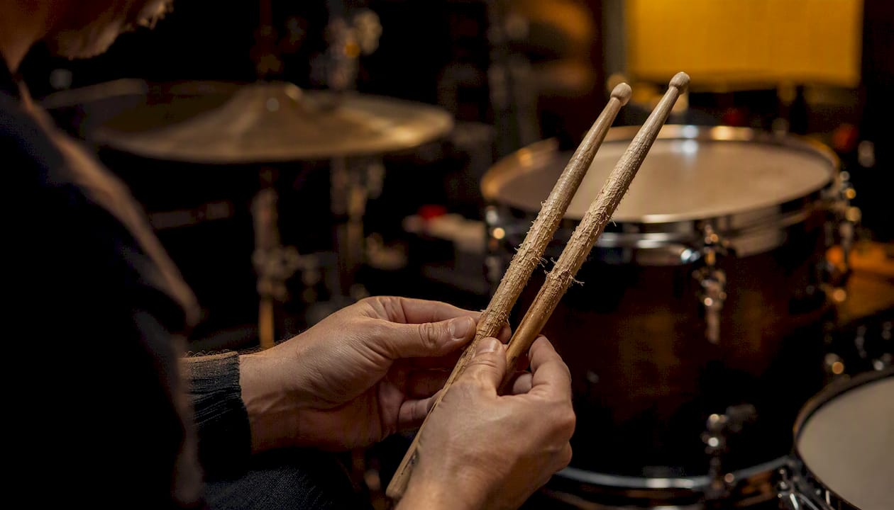 Hands inspecting worn drumsticks tips