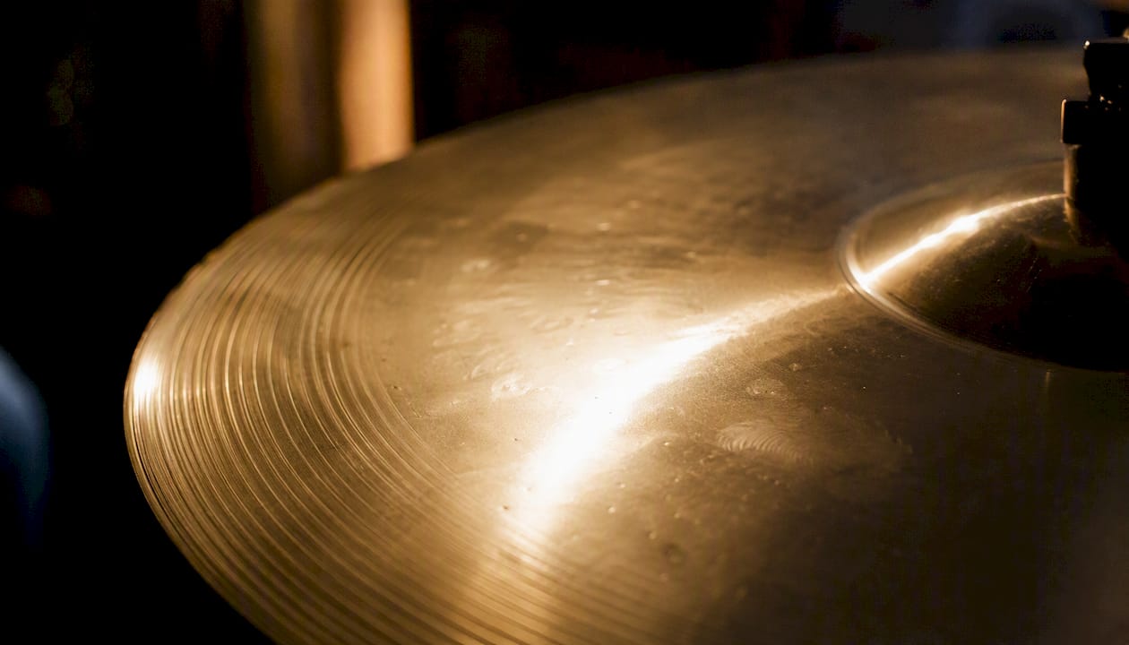 Close-up of brilliant finish cymbal surface