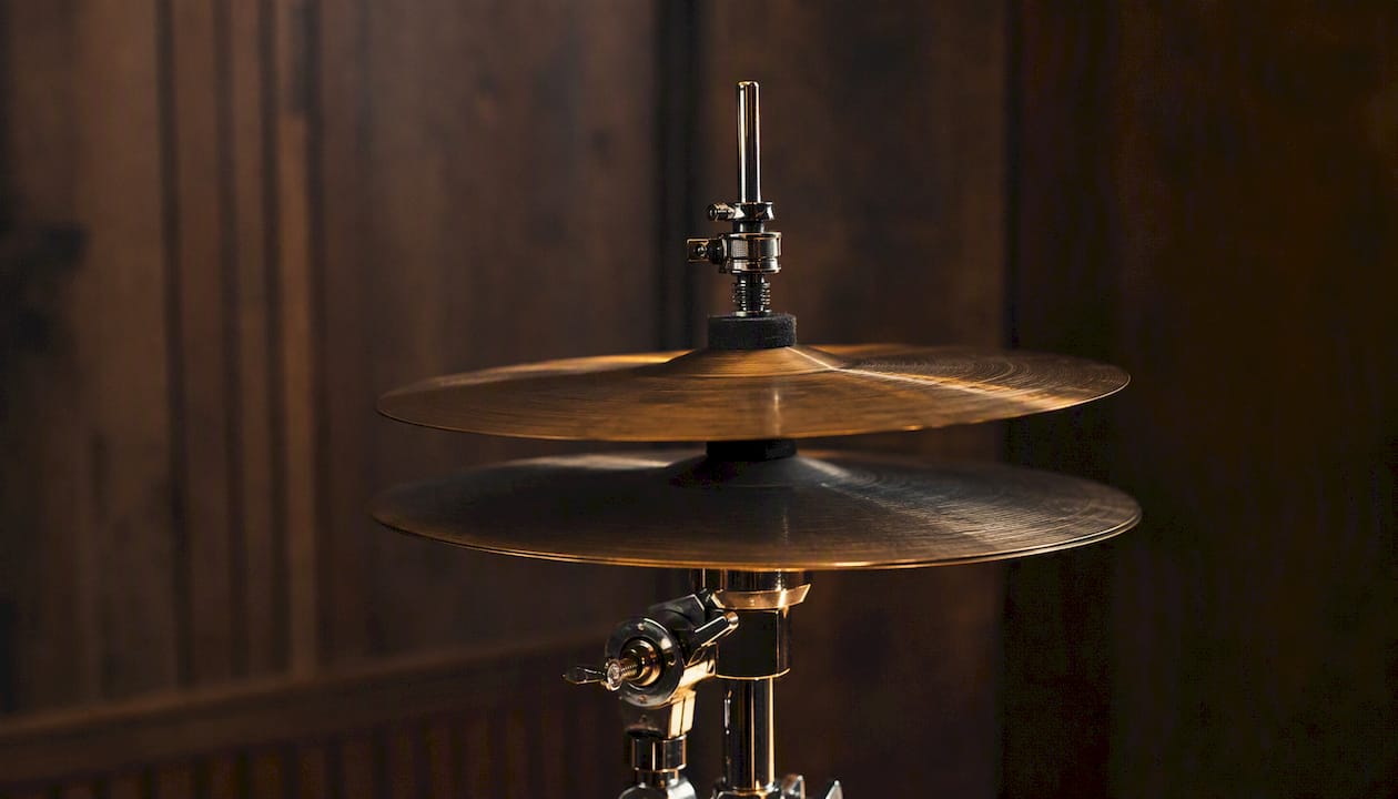 Hi-hat cymbals stacked on stand