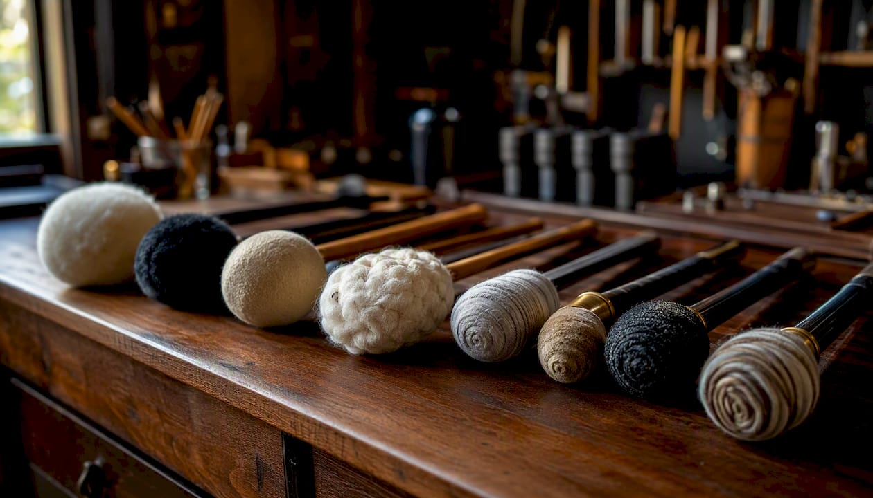 Soft fleece and wrapped bass drum beaters textures