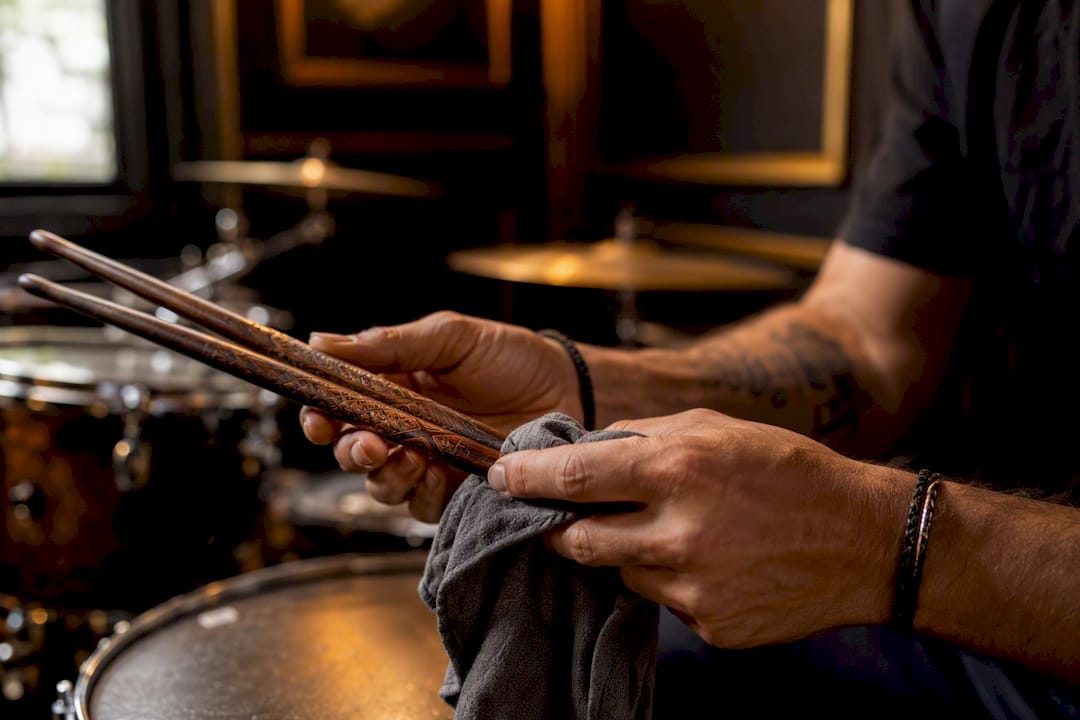 Hands cleaning engraved drumsticks post-practice