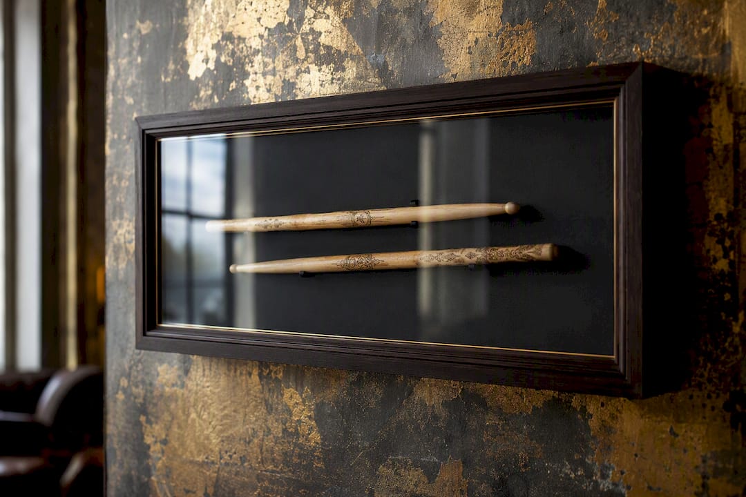 Engraved drumsticks in sealed shadow box