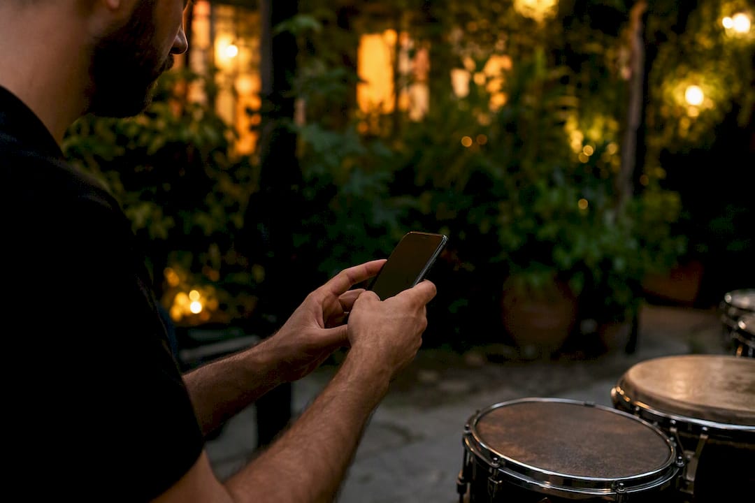 Hands holding phone in rehearsal space