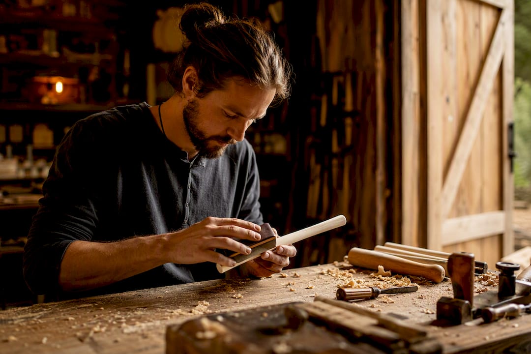 Artisan crafting drumsticks by hand