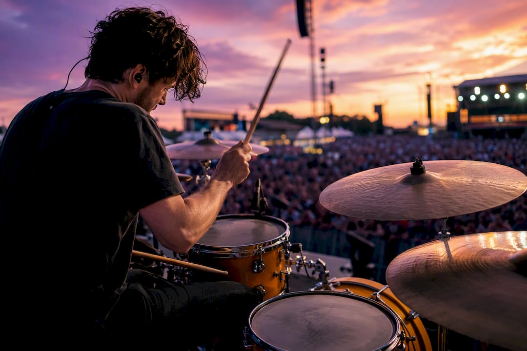 Drummer hands playing cymbals on stage