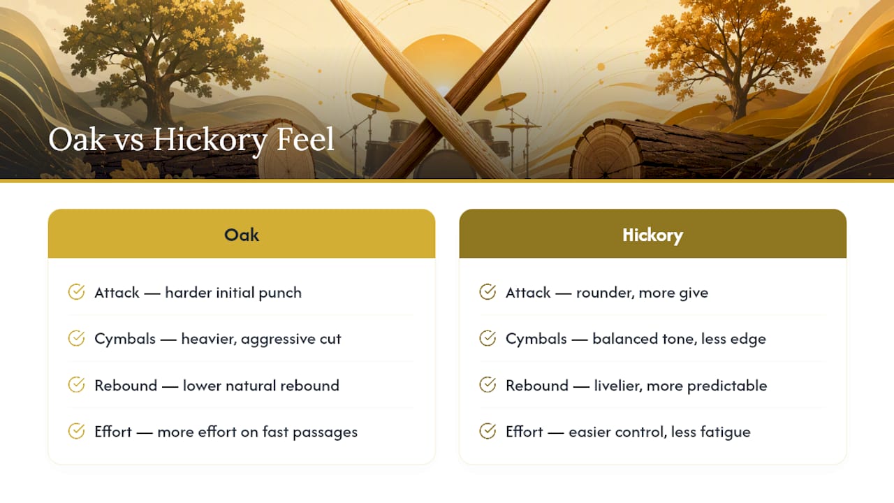Diagram comparing oak and hickory stick performance features