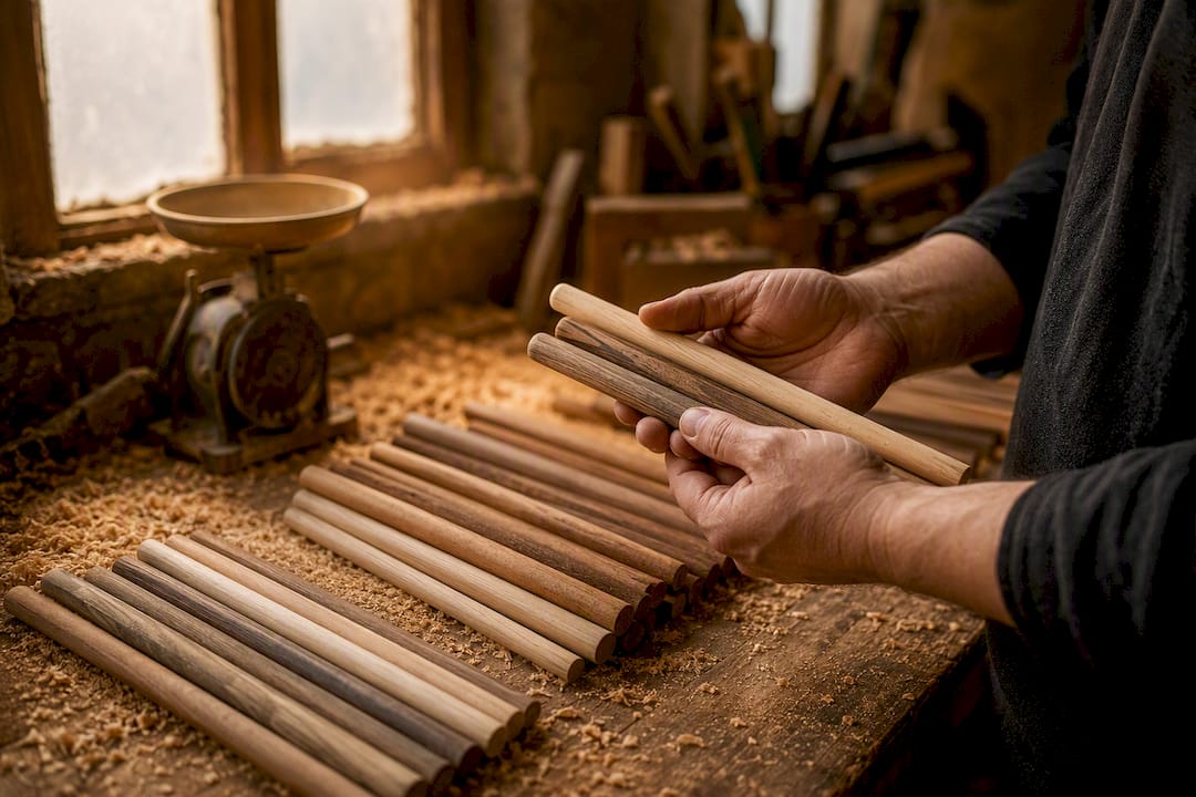 Hands sorting raw wooden dowels for drumsticks