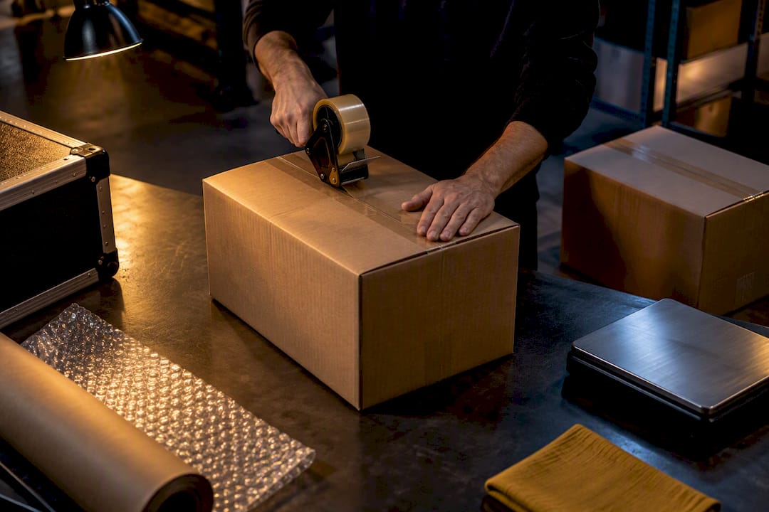 Hands preparing a wholesale percussion shipment