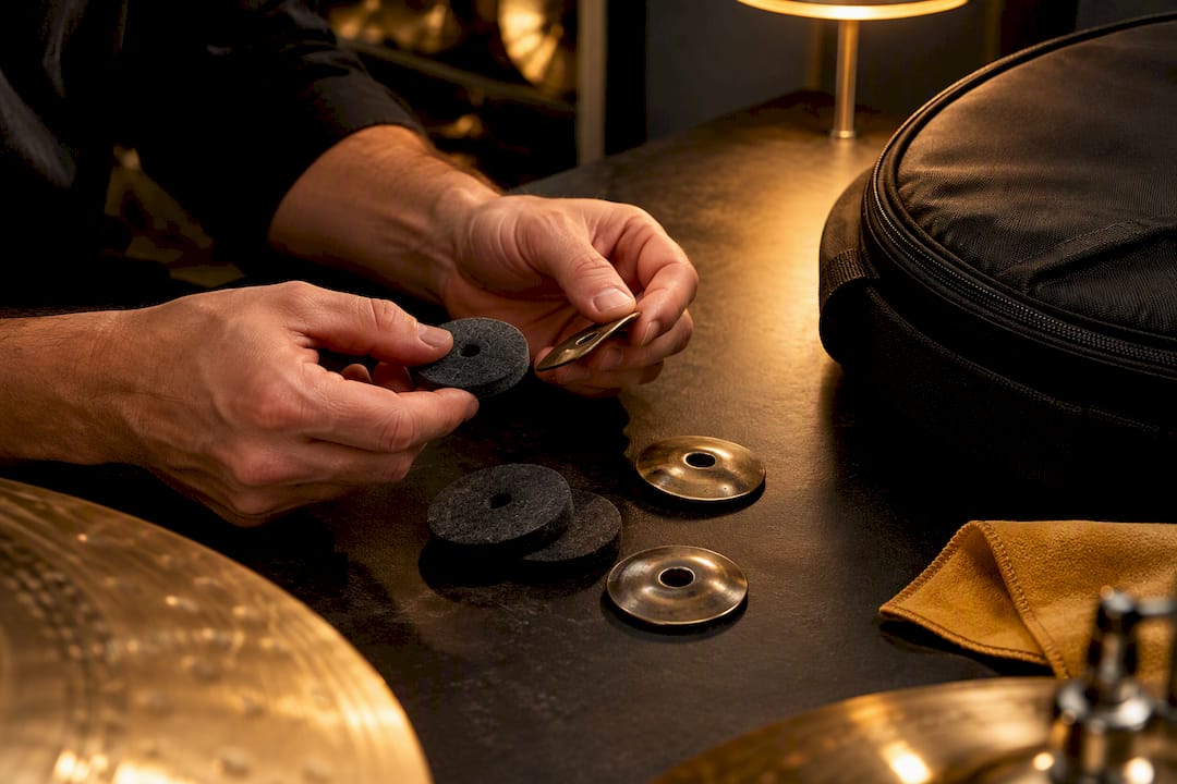 Hands inspecting worn cymbal felts