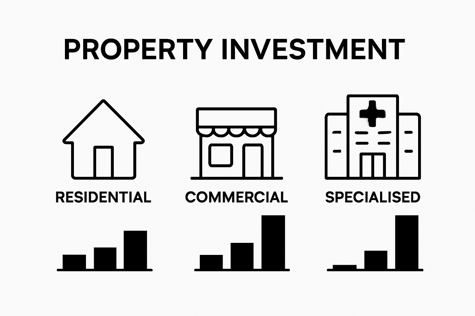 Three icons comparing residential, commercial, and specialized property investment types
