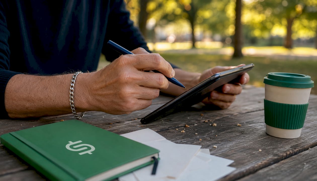 Hands managing listings on tablet in café