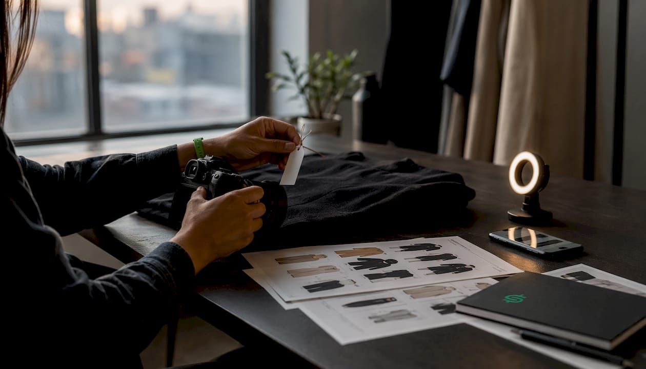 Hands preparing photos for Poshmark listings