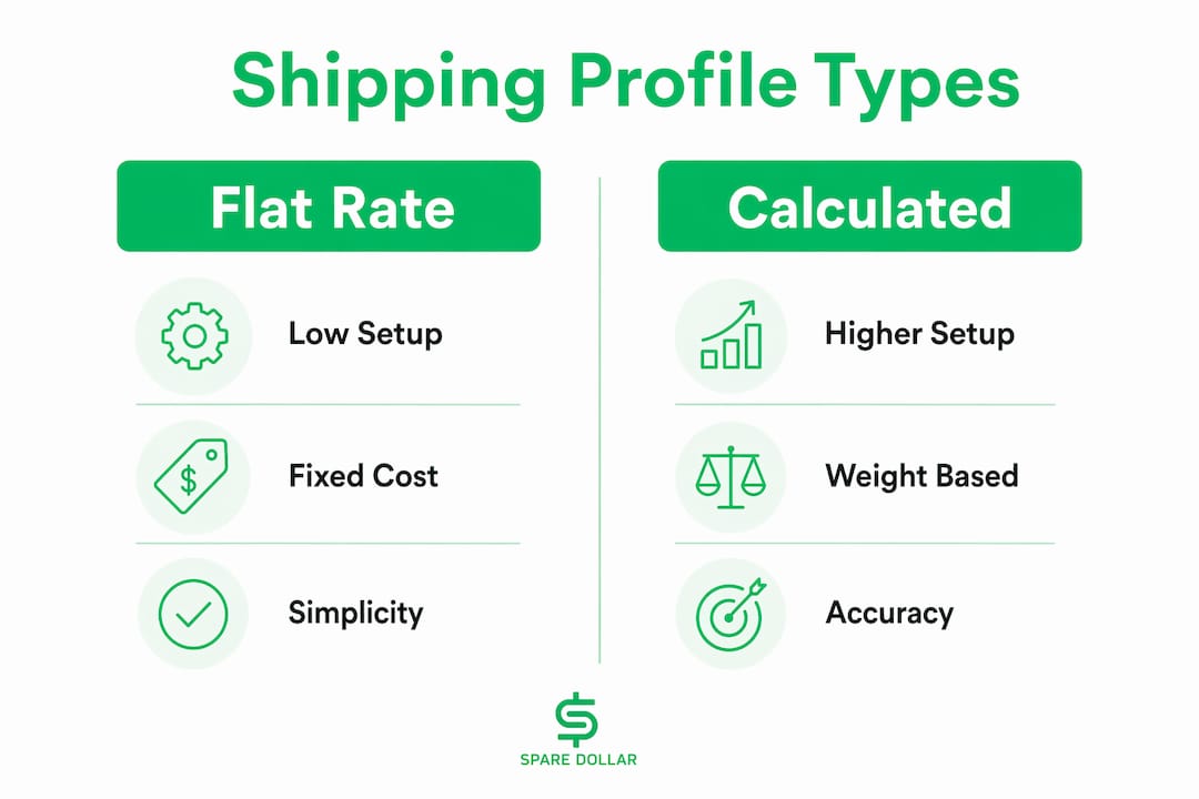 Infographic comparing flat rate and calculated shipping profiles