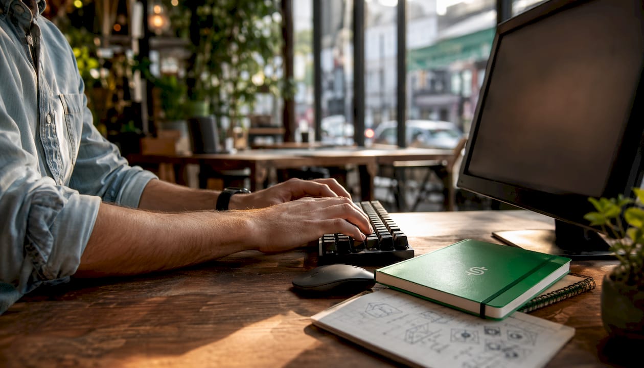 Hands typing on keyboard using WYSIWYG editor