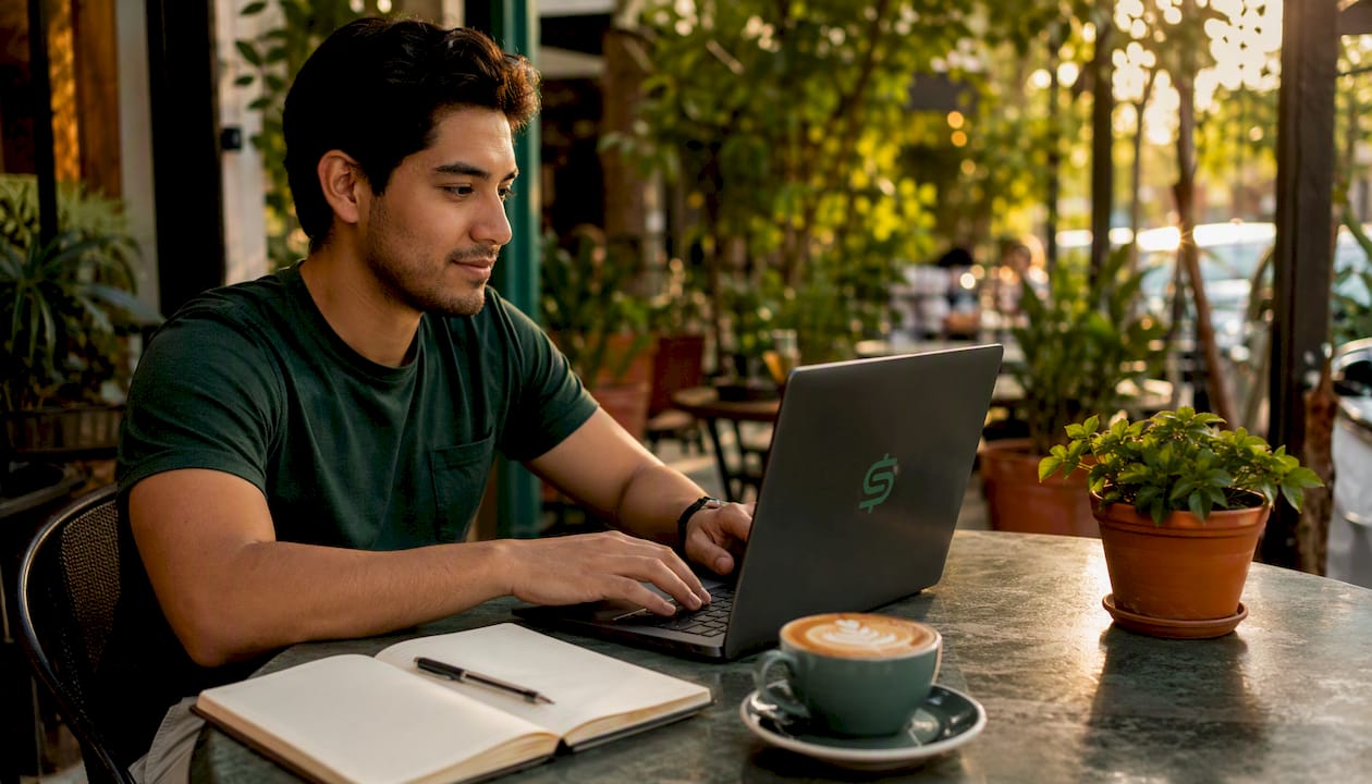 Man designing listing templates in cafe