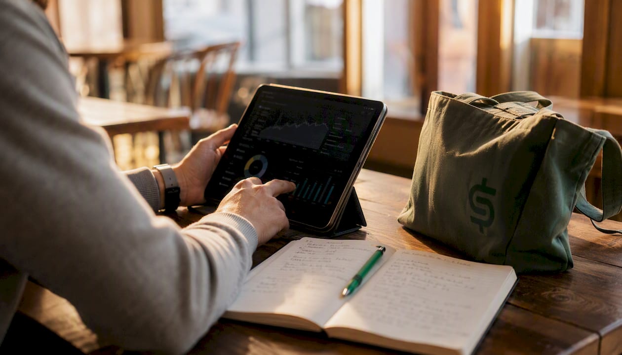 Hands using tablet for keyword research