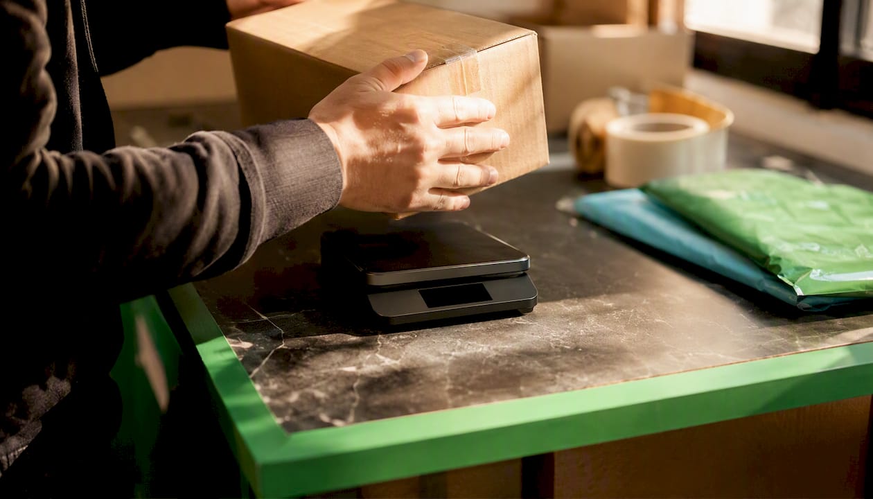 Package being weighed on digital kitchen scale