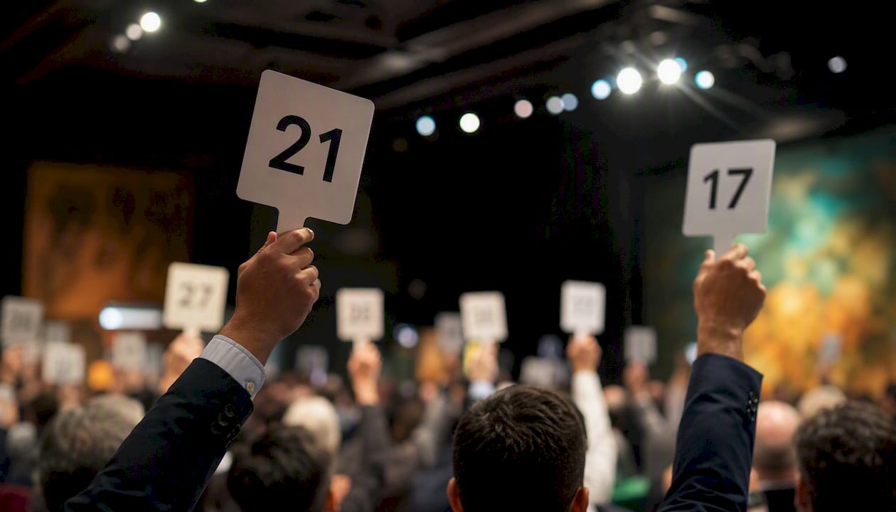 Hands raising auction bidding paddles