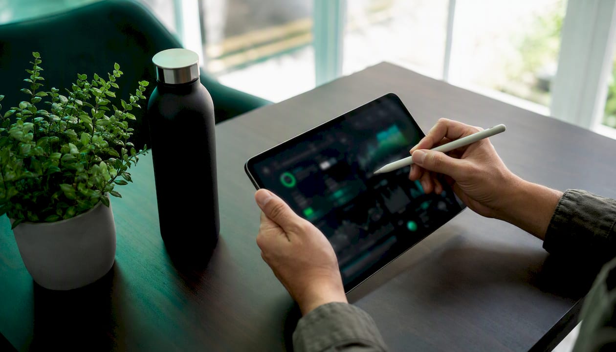 Hands using stylus representing AI-assisted product data management