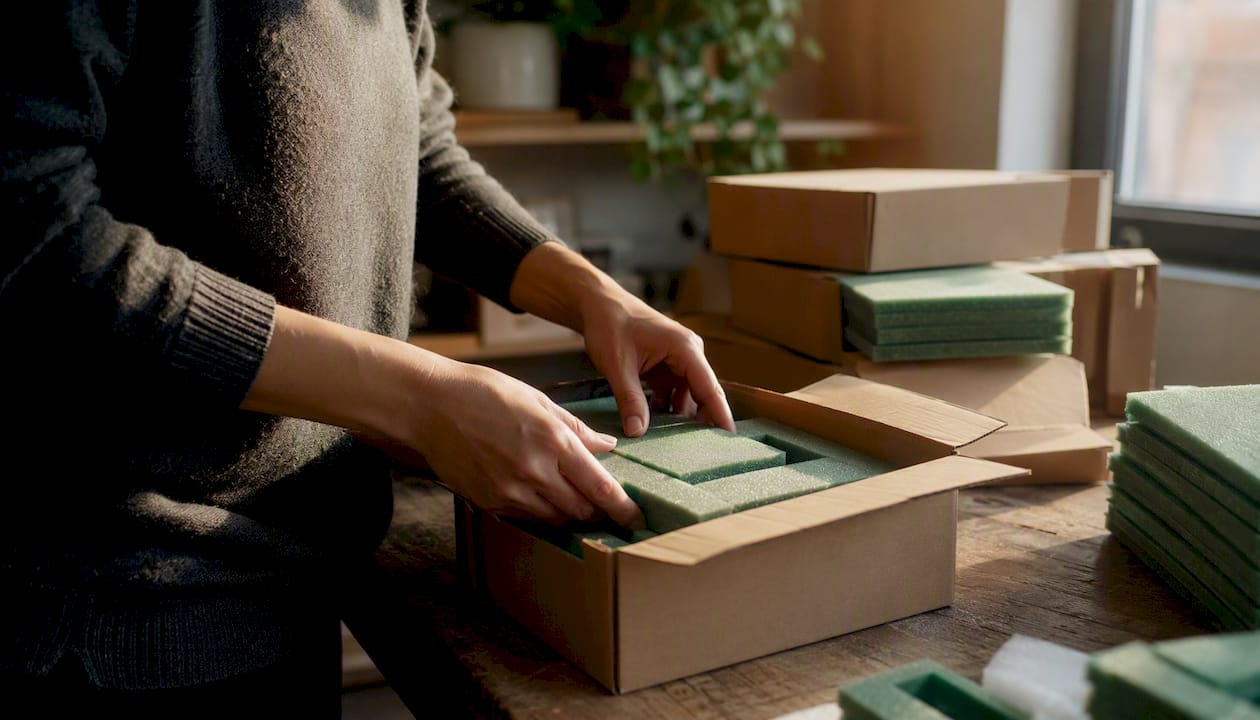 Hands packing boxes with inventory buffer