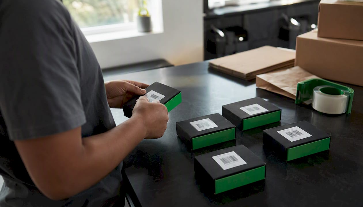 Hands labeling product variant with unique SKU