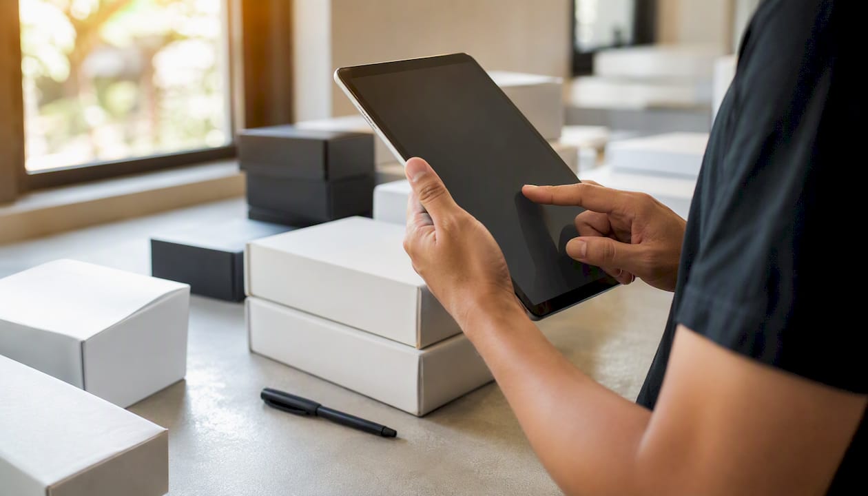 Hands holding tablet near product boxes for review