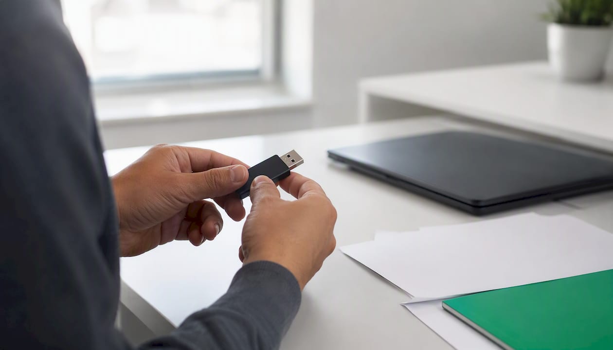 Hands holding USB drive for data transfer