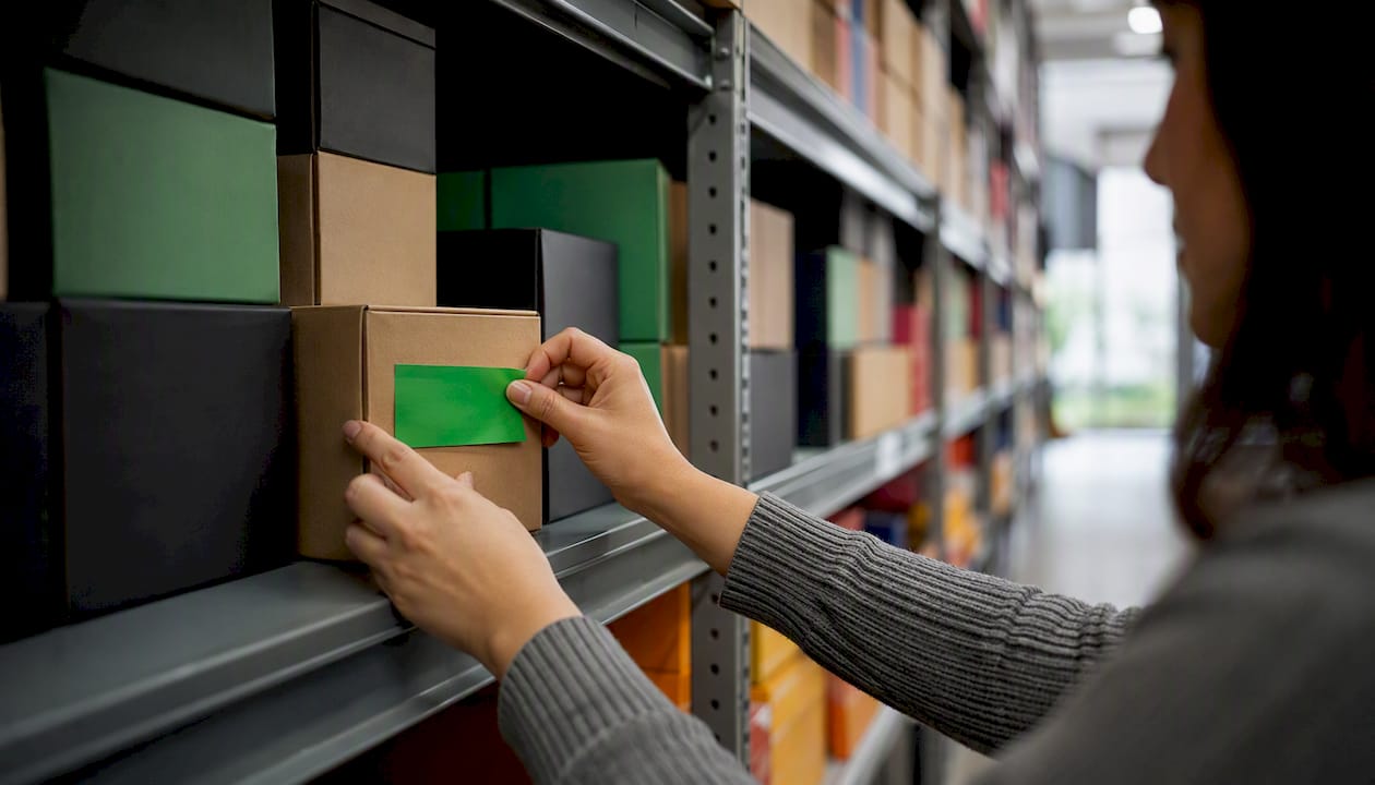 Hands labeling boxes on warehouse shelves