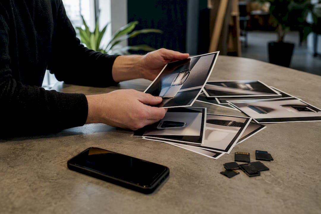 Hands organizing camera and smartphone for photos