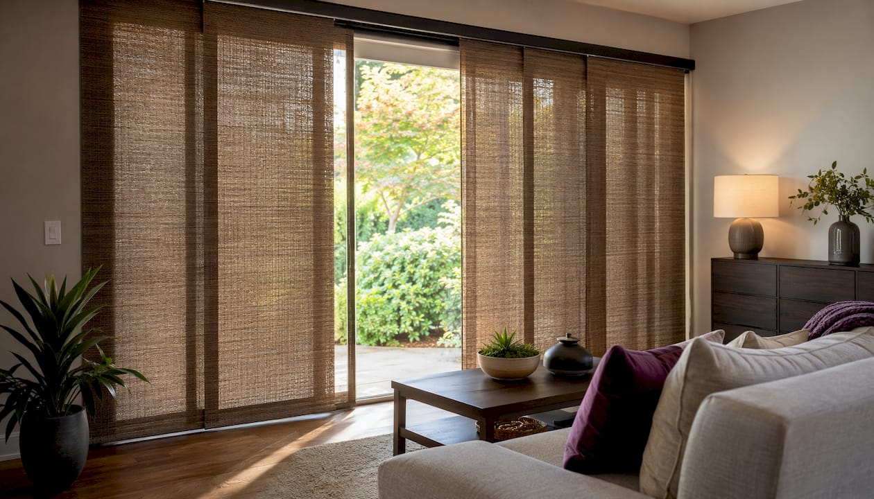 Woven wood panel track sliding door covering