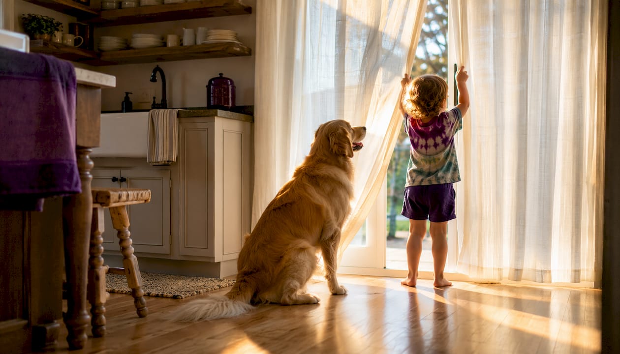 Family using sliding door with vertical blinds