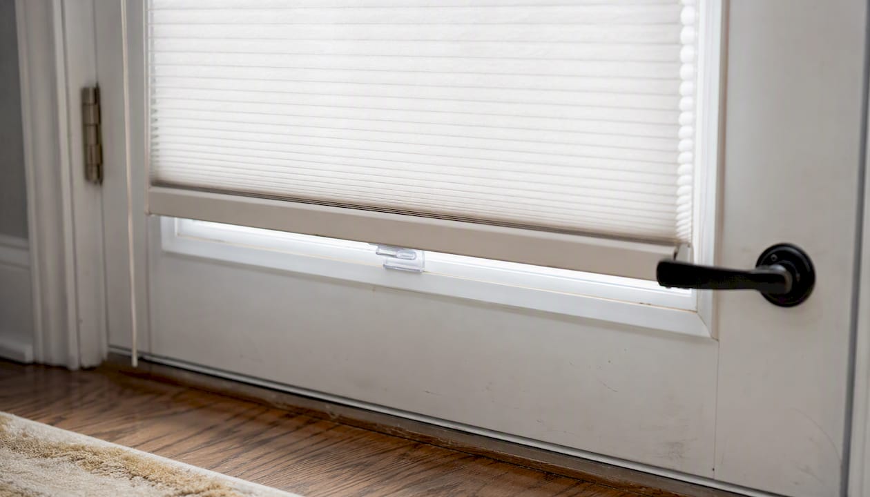 Hold-down bracket on French door shade