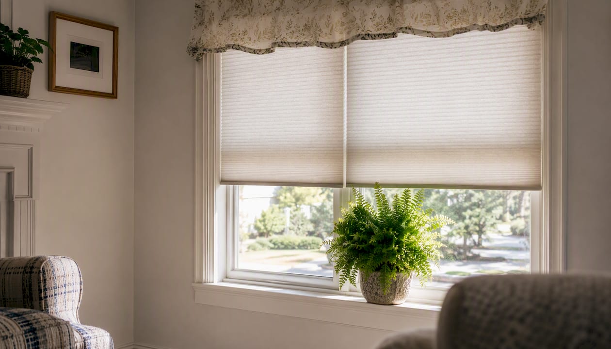Close-up of cellular shades on window