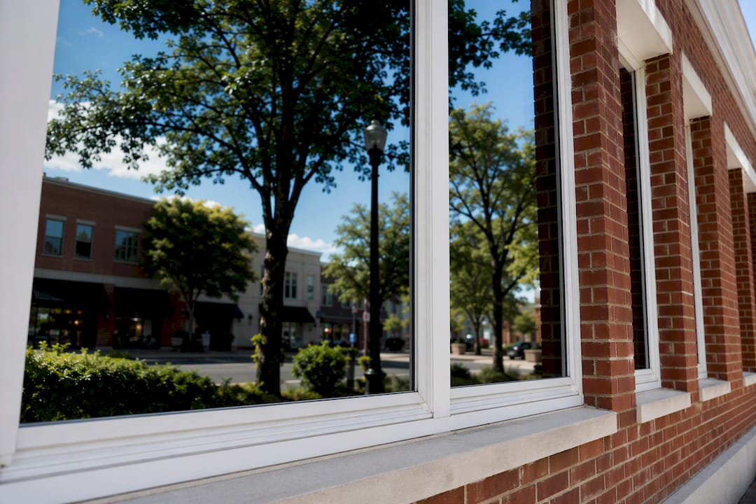 Storefront window showing mirrored reflective film effect