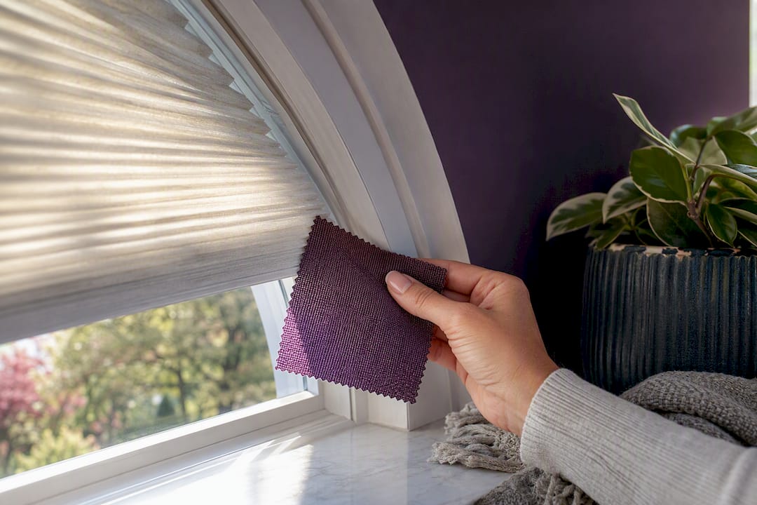 Fabric sample held beside an arched window