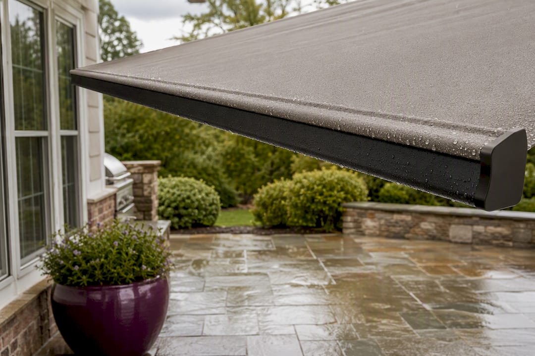 Awning fabric drying after a rain shower