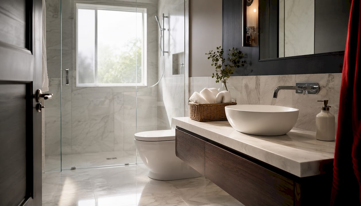 Warm minimalist small bathroom design tips