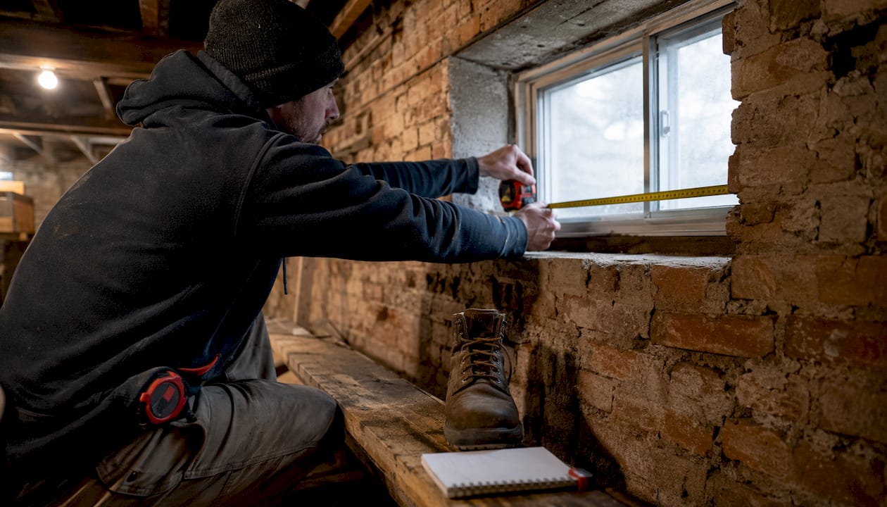 Hands measuring egress window opening in basement