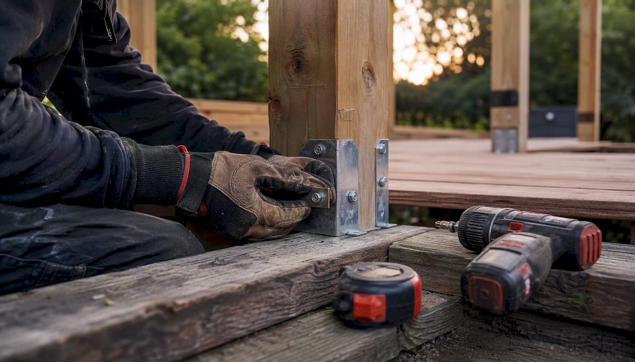 Carpenter fastening metal bracket to deck railing post