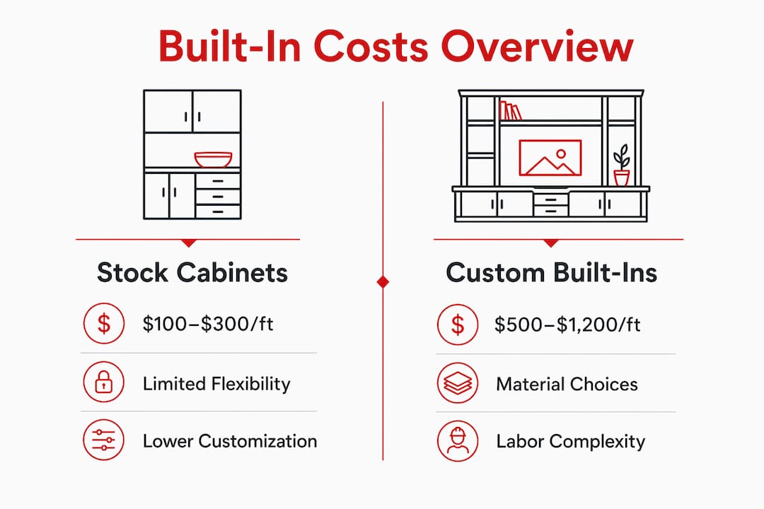 Infographic comparing stock cabinets and custom built-ins