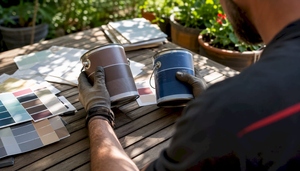 Hands comparing paint cans at workshop table