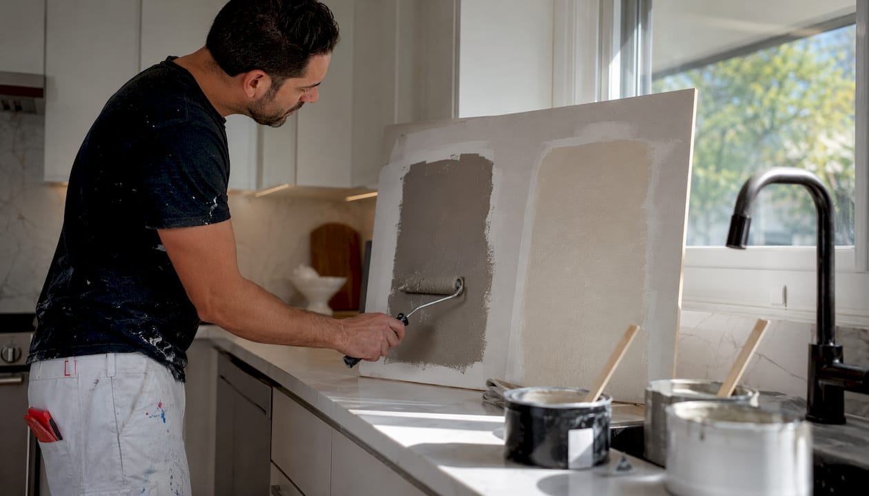 Painter applying paint test samples on board
