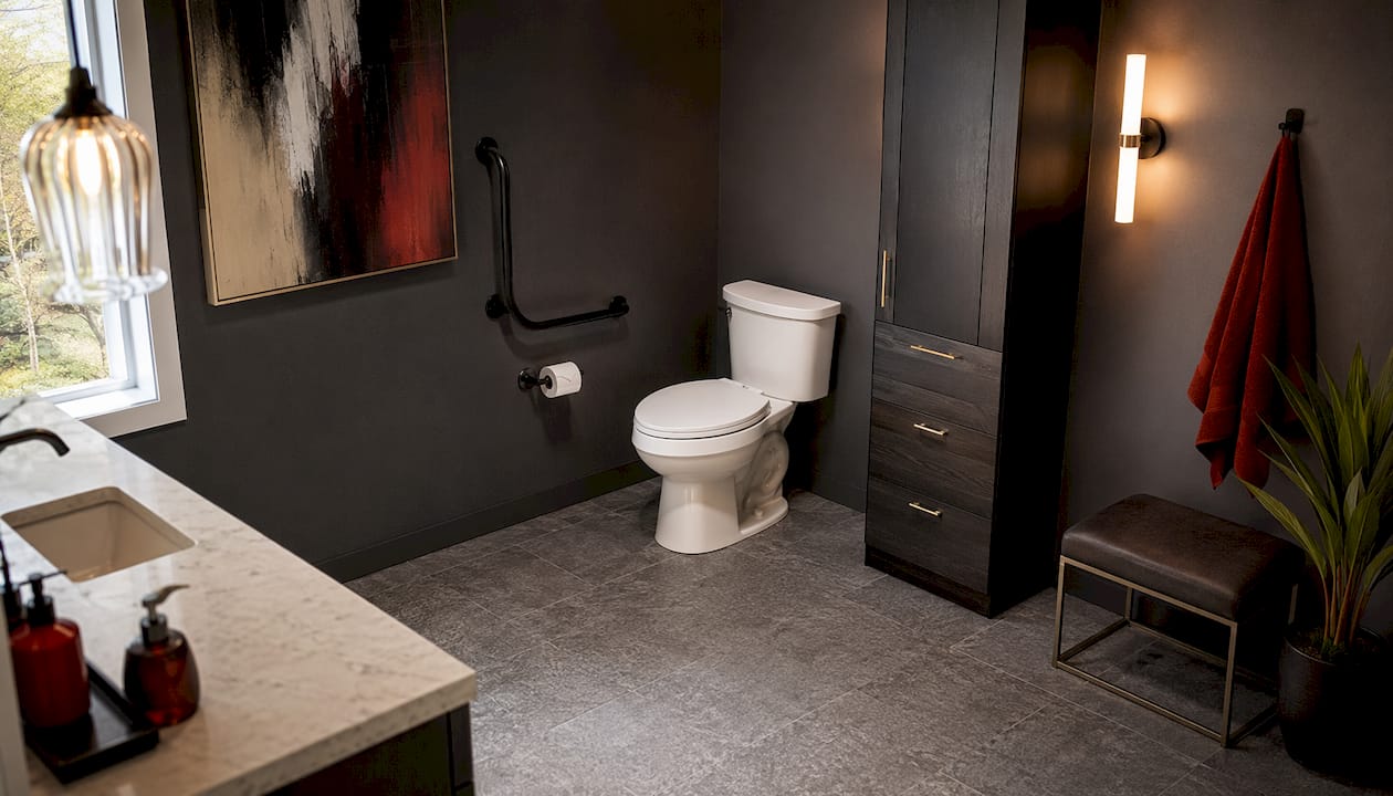 Bathroom grab bar and comfort-height toilet