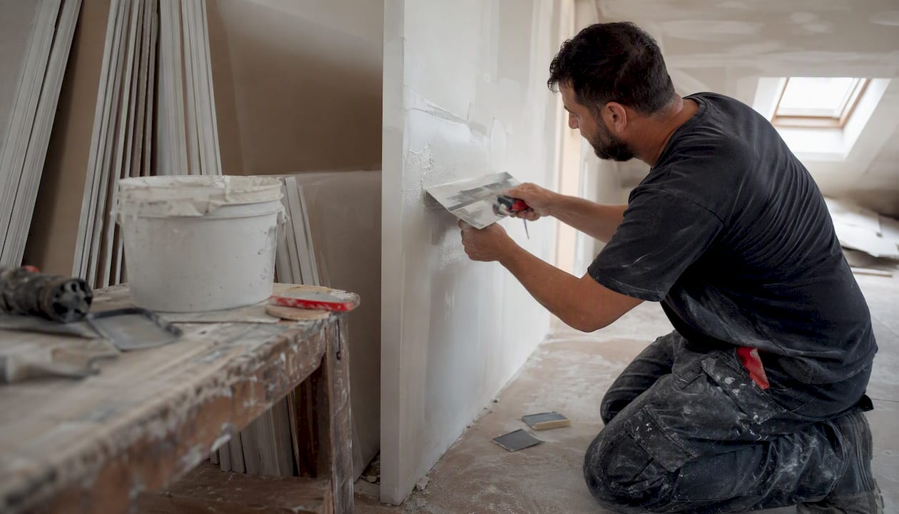 Hands smoothing joint compound on drywall seams