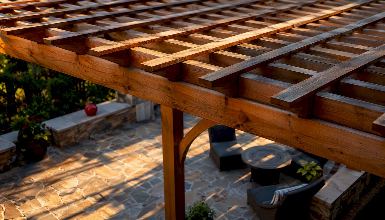 Close-up of wooden pergola roof lattice