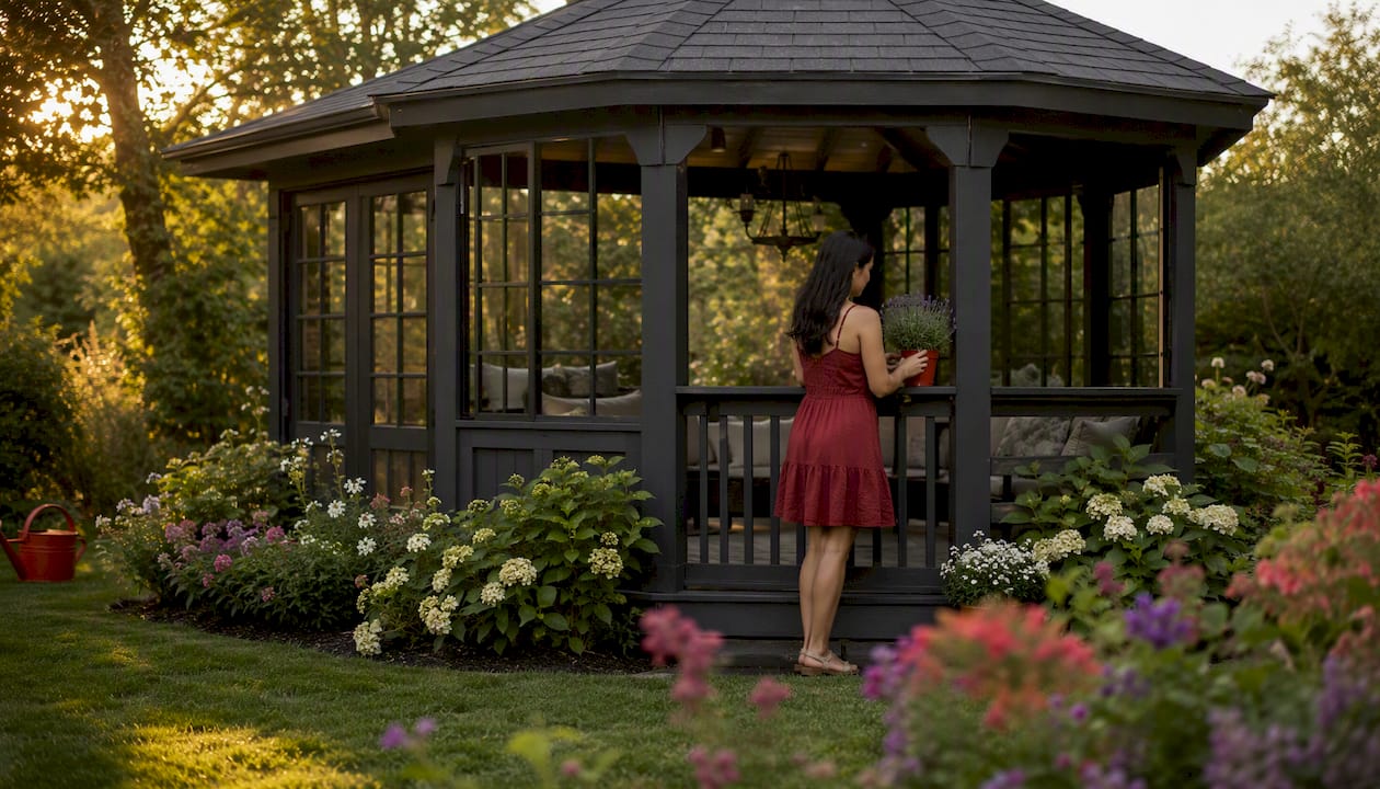 Woman placing plant on gazebo railing outdoors