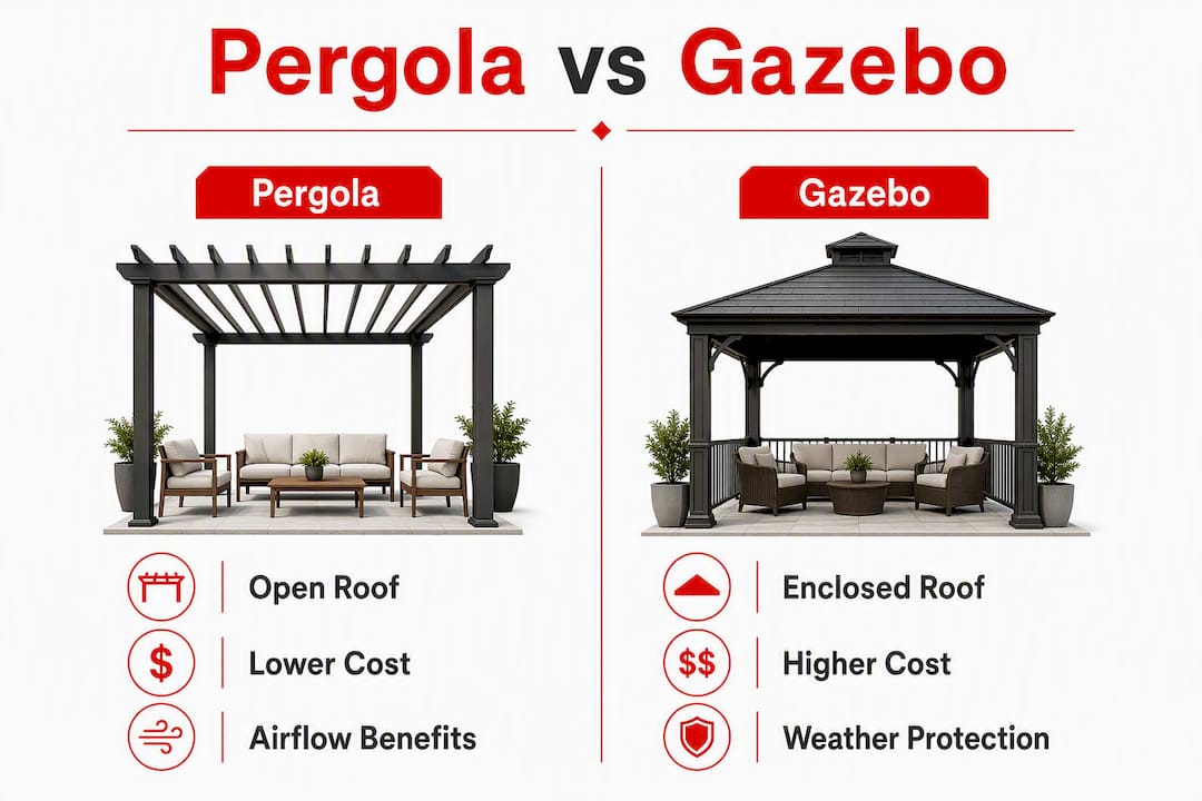 Infographic showing pergola versus gazebo comparison