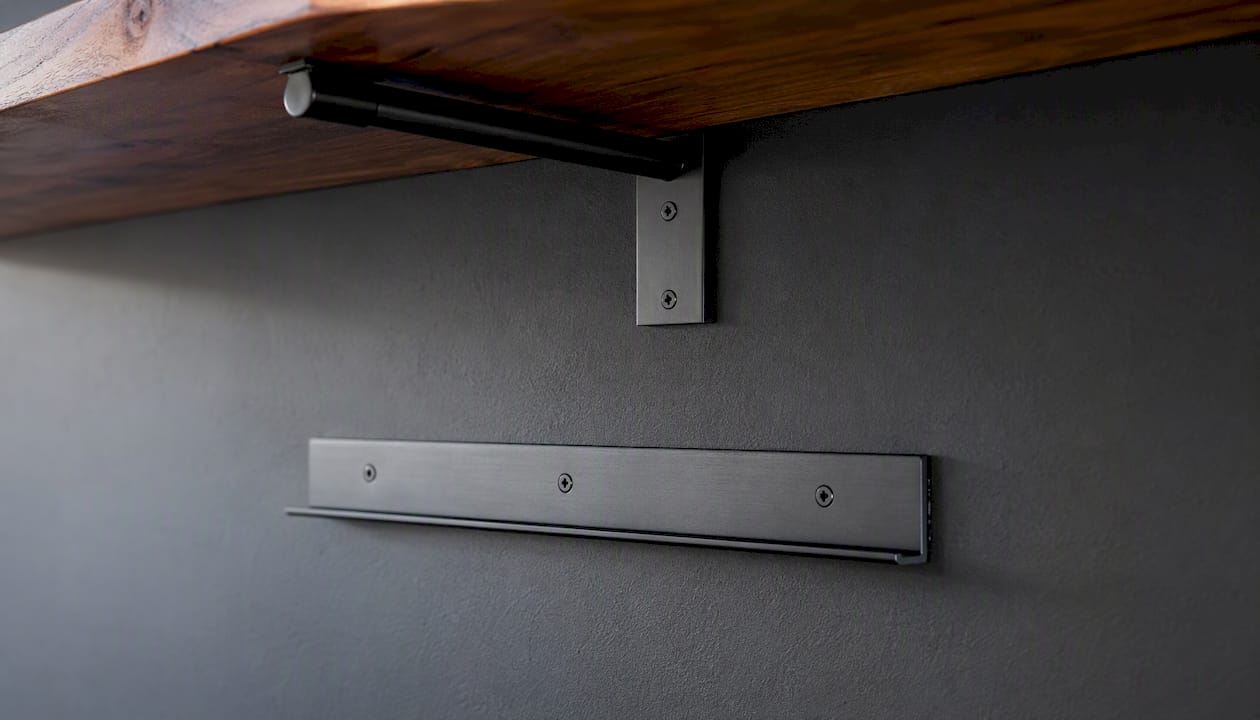 Rod-style and cleat floating shelf brackets mounted
