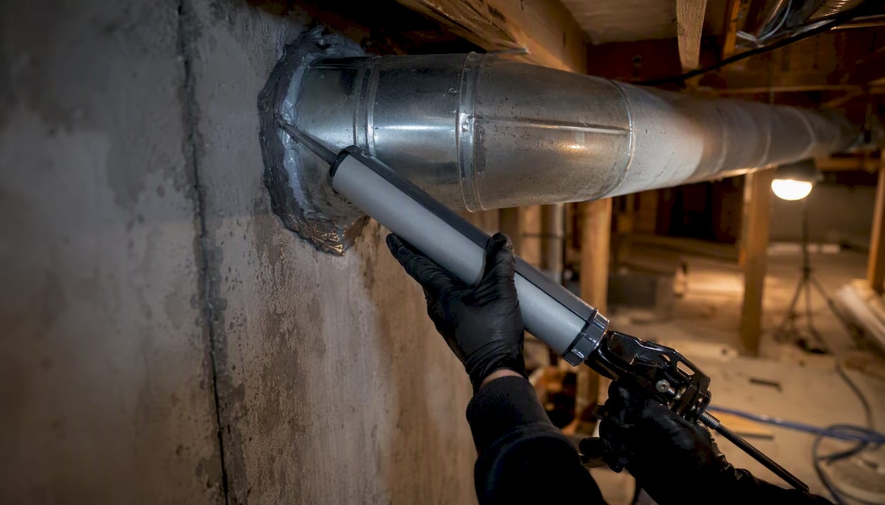 Hands sealing HVAC duct in basement ceiling