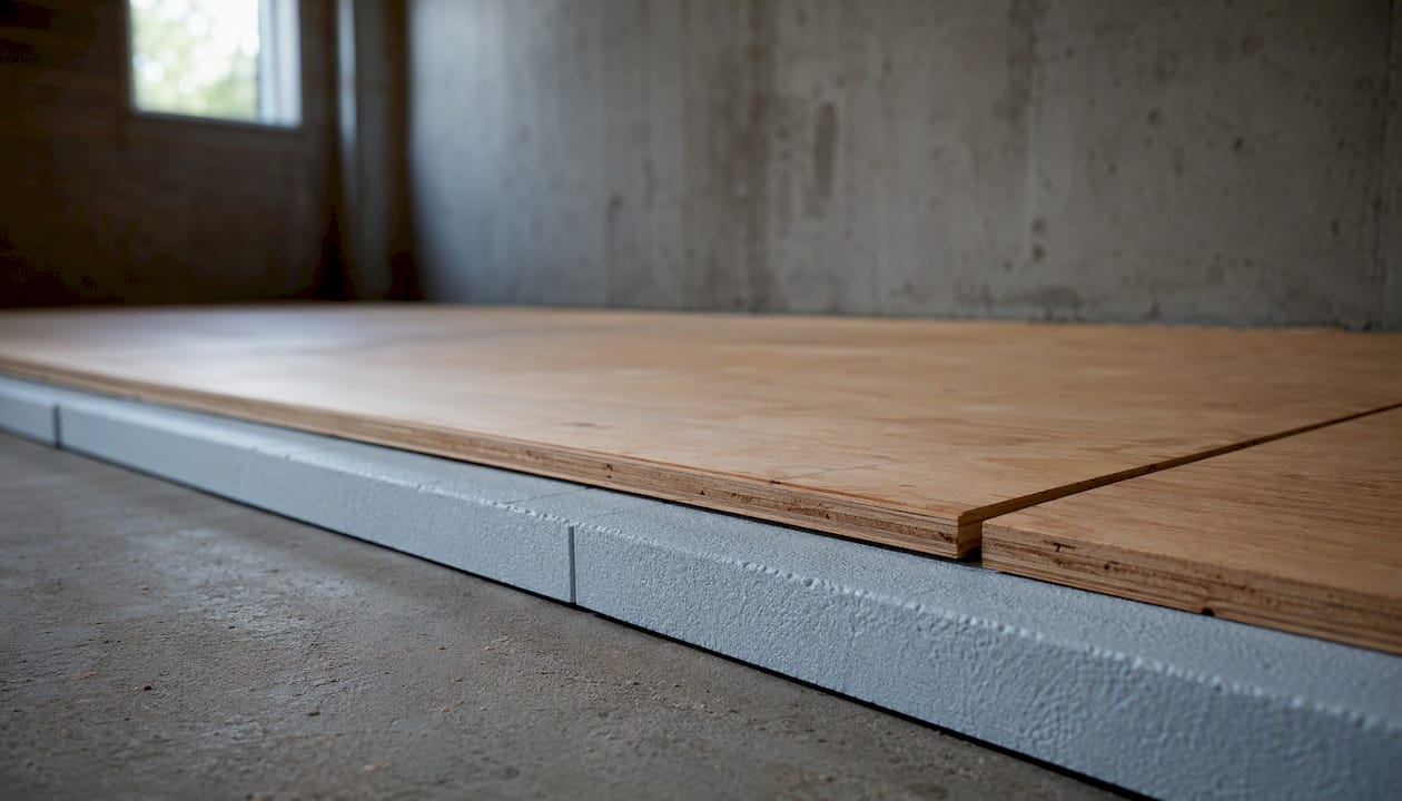 Layered basement subfloor with foam and plywood
